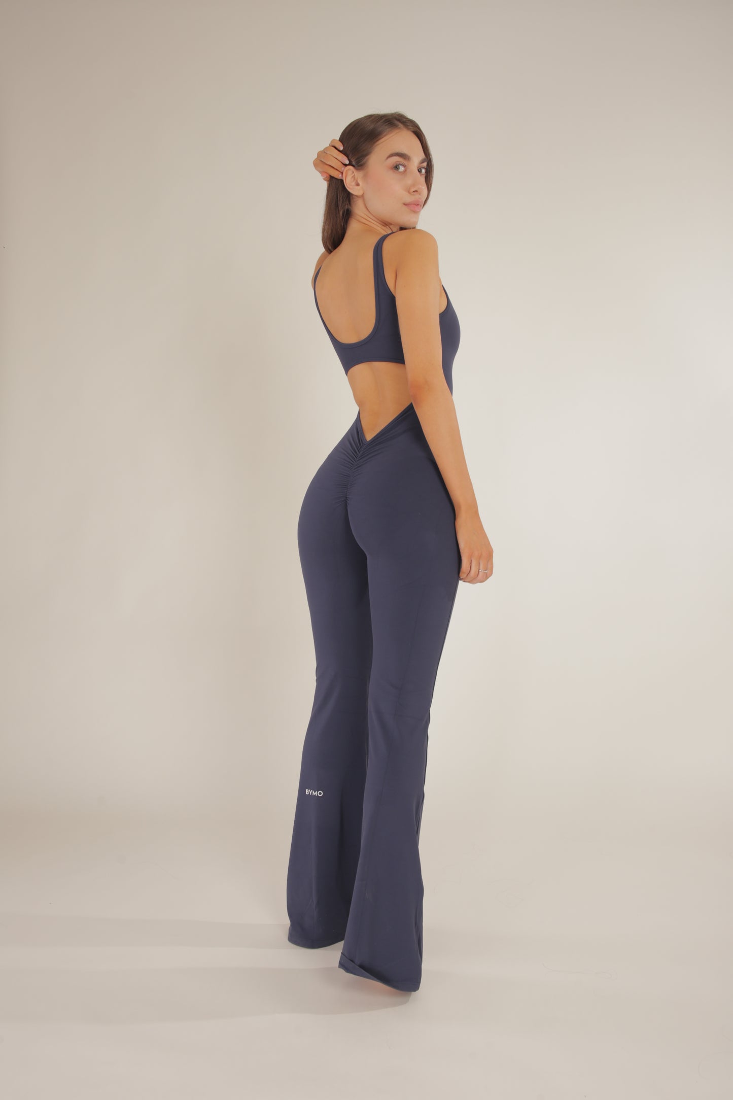 Poza din spate salopeta evazata albastru inchis BYMO cu push-up